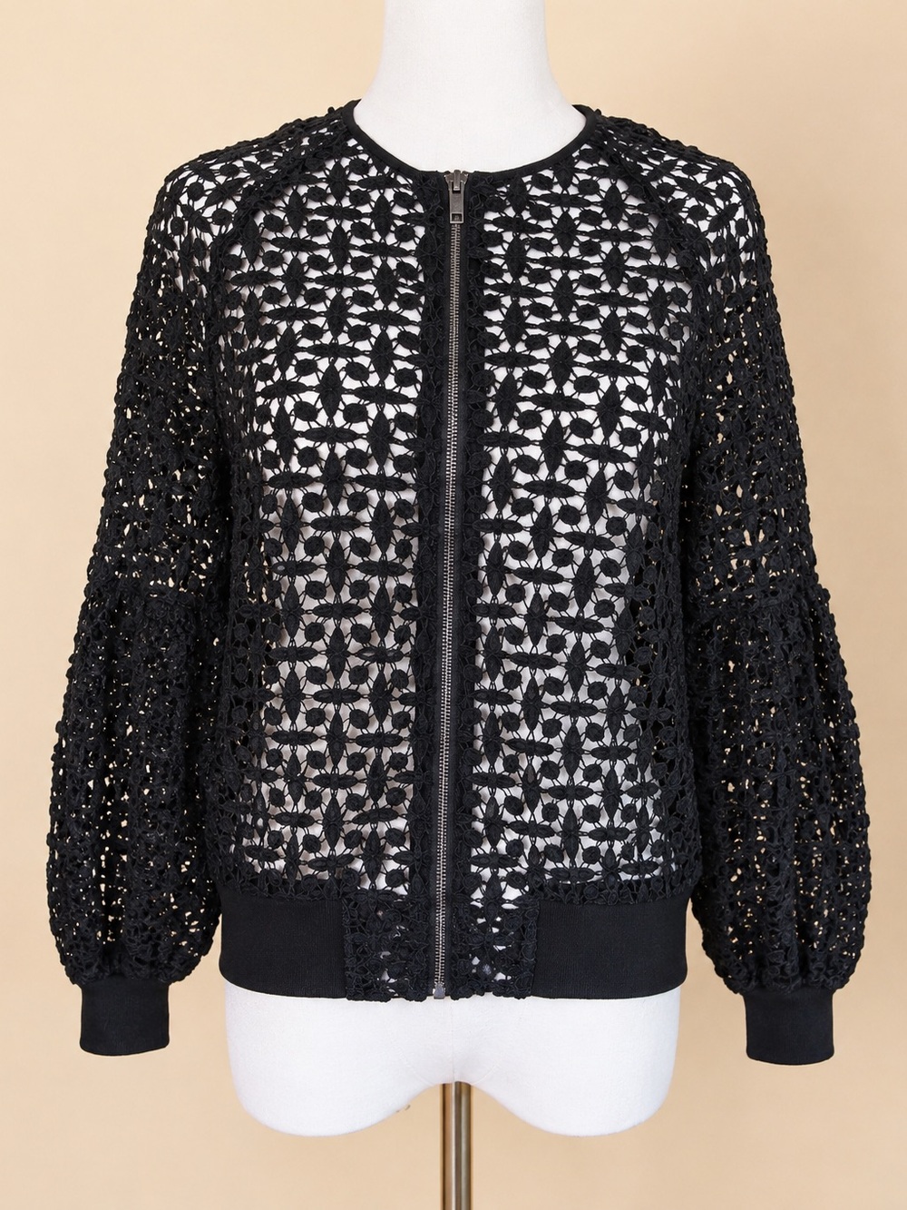 Gracia Black Crochet Lace Bomber Jacket Sheer Balloon Sleeve Zip S